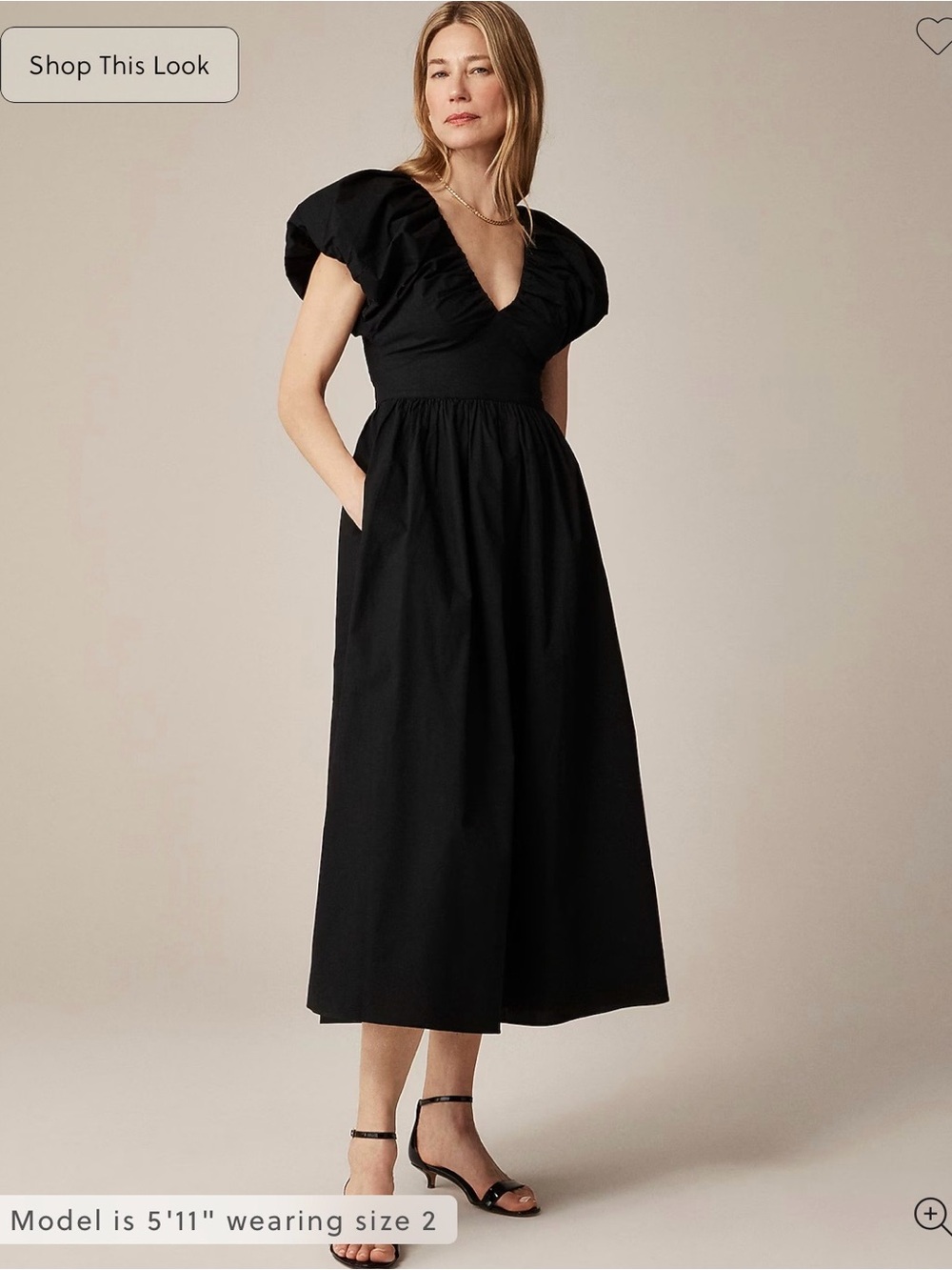 J. Crew Cecily Black V-Neck Puff-Sleeve Midi Dress with Pockets